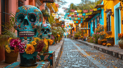 Colorful skull sculptures with floral decorations on a vibrant street with traditional houses in Mexico, symbolizing Day of the Dead.