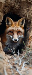 A fox is peeking out of a hole in the ground