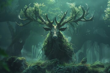 A large deer with antlers is surrounded by trees and moss
