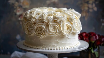 A white cake with white frosting and white roses on top
