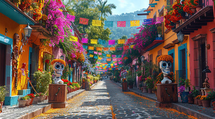 Colorful street decorated for Dia de los Muertos with vibrant flowers and papel picado in a traditional Mexican town.