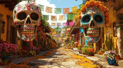 Colorful decorated skulls float above a vibrant street decorated for Day of the Dead with flowers and festive banners.