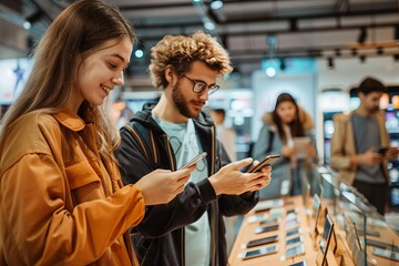 Happy young people shopping new mobile phone in a store. People technology device new concept, Generative AI
