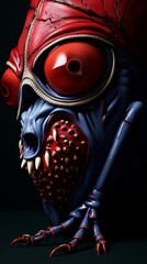 The image shows a close-up of a fictional creature with red eyes, a blue face, and sharp teeth