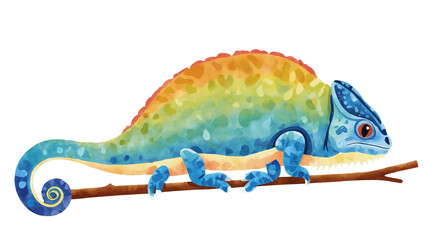 A vibrant watercolor illustration depicting a colorful chameleon clinging to a branch in a relaxed pose