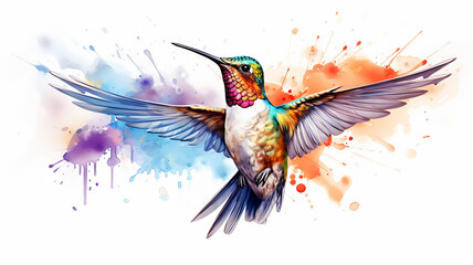 Hummingbird watercolor illustration, spots of liquid paint isolated on a white background
