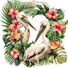 Wallpaper pattern of branches, flowers and roses with flamingos with a background of tropical nature