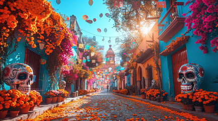A vibrant street decorated with orange marigolds and colorful skulls for Day of the Dead in Mexico, showcasing traditional decorations and a festive atmosphere.