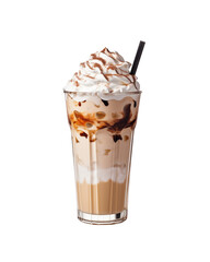 Caramel macchiato with layers of espresso, milk, foam, and a generous caramel drizzle, served with a straw. Generative AI
