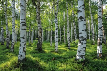 Birch Tree Forest: White bark contrasting with a green forest floor. 