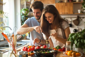 Beautiful young couple cooking healthy food together at home. Having fun in the kitchen, Generative AI