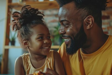 Cute african girl and her handsome father are talking and smiling at home, Generative AI