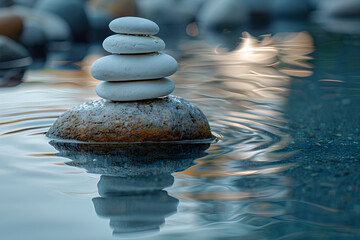 Perfectly balanced stack of smooth, rounded zen stones emerging from calm water. Peace and tranquility concept. Suitable for design in wellness, meditation, and nature themes