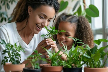 Happy caucasian mother and her adopted african american daughter taking care of plants indoors, Generative AI - Powered by Adobe