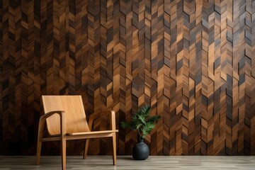 A chair and a potted plant positioned in front of an elegant wooden wall in a living room setting. Generative AI