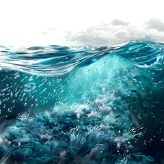 Close up underwater photo of giant waves in the middle of the ocean with bright sunlight breaking through them