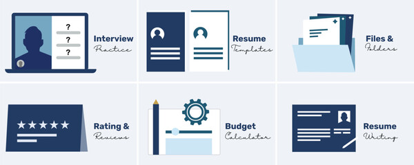 career services illustrations showing company reviews and ratings, budget calculator, resume writing services, resume templates, interview practice, resume samples, online interview, and hiring.