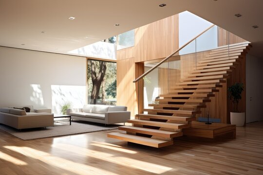 A richly furnished living room with an elegant staircase in a luxury wooden home setting. Generative AI