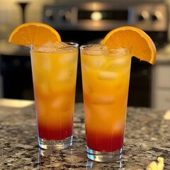 Photo Of A Refreshing Summer Drink Is A Tequila Sunrise Margarita Cocktail Served With Ice In Different Cups