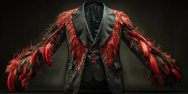 Spectacular circus ringmaster jacket with coattails that sprout plumes of wispy aerial silks 
