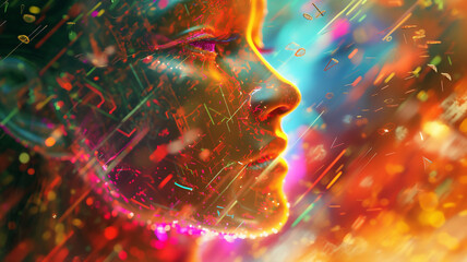 Surreal portrait of a face emerging from a colorful explosion of neon lights and abstract digital elements, symbolizing vibrant energy and creativity.
