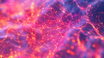 Vibrant abstract network of interconnected pink and orange glowing nodes, creating a dynamic digital mesh.