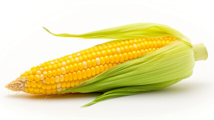 A fresh corn cob with bright yellow kernels, partially enveloped in vibrant green husks, set against a white background
