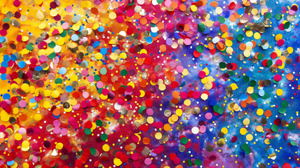 A vibrant explosion of multicolored confetti scattered across a colorful abstract background, exuding festivity and joy.