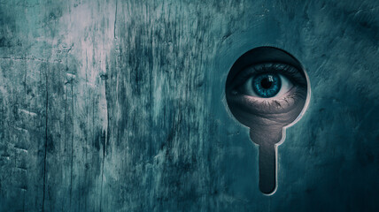 Surreal image of a bright blue eye peeking through a keyhole in a weathered teal wall, evoking mystery and vigilance.