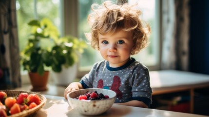 Toddler eating Healthy oatmeal with berries in the morning