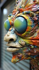This is an image of a colorful and abstract sculpture of a creature with large eyes and a bulbous nose. The sculpture is made of many different materials.