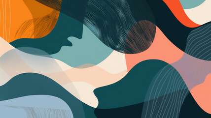 Abstract art featuring flowing curves and a subtle profile of a face, composed in shades of orange, teal, black, and cream.