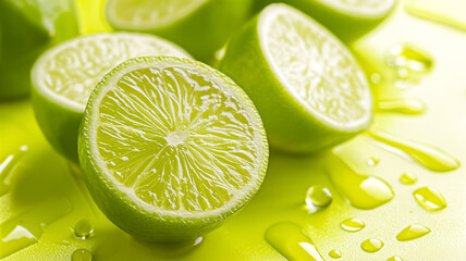 Vivid close-up of fresh lime halves with water droplets on a bright green surface, emphasizing texture and freshness.