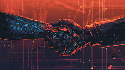 Futuristic illustration of robotic hands engaging in a handshake against a digital background with red and blue circuit patterns.