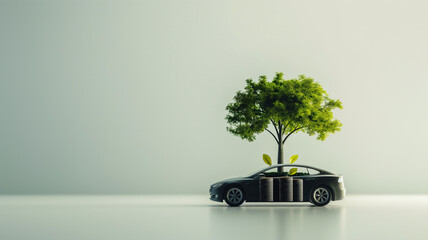 Conceptual image of a black car with a vibrant green tree growing out of it, symbolizing eco-friendly automotive technology.
