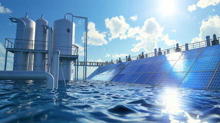 Modern water treatment plant with solar panels on a clear day, reflecting sustainable energy integration on water.