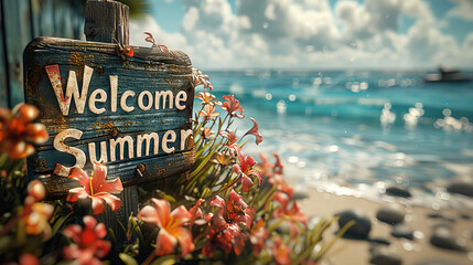 Scenic tropical beach landscape, wooden sign with "Welcome Summer" inscription. Bright illustration of summer theme.