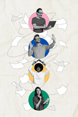 Fototapeta premium Vertical collage picture people colleagues working video conference thoughtful woman laptop gadgets remote cooperation teamwork