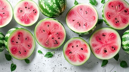   A watermelon, halved, sits on a white surface surrounded by green leaves