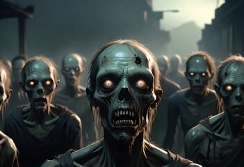 A group of zombie-like creatures with pale, decaying skin and sunken eyes in a dark, gloomy environment