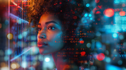 A captivating profile picture of an African American woman with curly hair, in a double exposure style, seamlessly blending her portrait with the digital interface screen displaying code lines