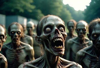 A group of zombie-like creatures with pale, decaying skin and sunken eyes in a dark, gloomy environment