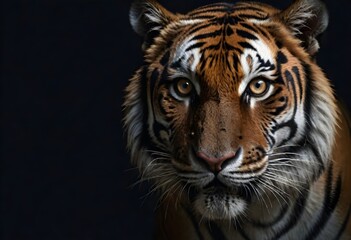 A close-up portrait of a majestic tiger with intense eyes and a powerful expression against a dark background