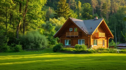 wooden house in green forest. Pros and cons of wooden house and suburban real estate concept.