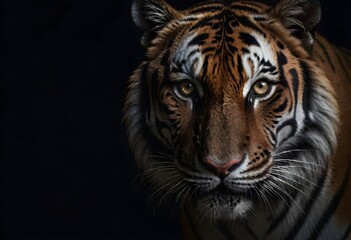 A close-up portrait of a majestic tiger with intense eyes and a powerful expression against a dark background