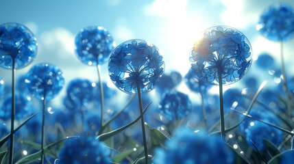  A scene of blue blooms under sunlight filtering through clouds in the background