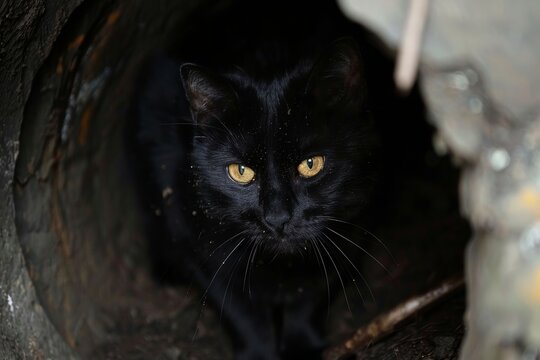 Futuristic tunnel setting  black cat with yellow eyes in dark environment, ideal for text placement