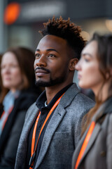 Obraz premium A smiling African American businessin a suit walks past a cafe with people socializing outdoors
