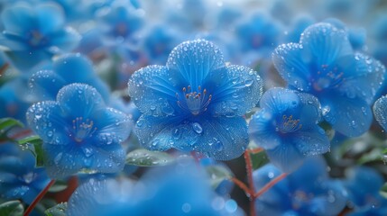  A collection of blue blooms dotted with water droplets, a verdant foliage plant in the foreground