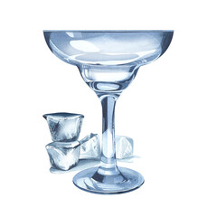 Empty margarita glass with ice cubes. Watercolor illustration. Glass for a cold alcoholic drink, champagne. Clean tableware for background design, packaging, cocktail card, menu
